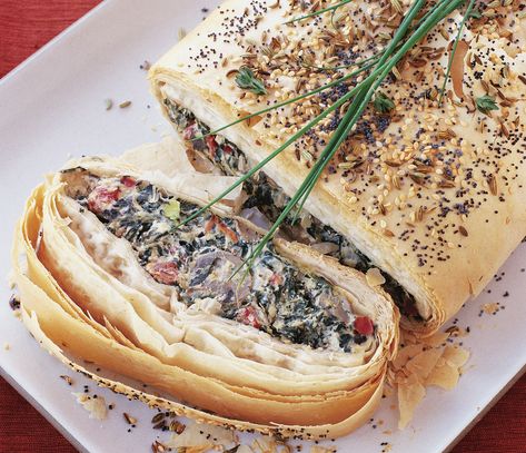 Very Veg: Mushroom, Cheese And Vegetable Strudel Vegetable Strudel, Mushroom Cheese, Strudel Recipes, Vegan Cheddar Cheese, Vegan Cheddar, Vegetarian Thanksgiving, Phyllo Dough, Vegan Cream Cheese, Baklava