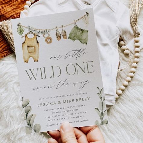 $1.98 | Wild One | Neutral Boho Safari Baby Shower - neutral baby shower invitations, safari theme, gender neutral, boho jungle leaves, lion rattle, clothesline, safari animals, watercolor greenery Boho Safari, Safari Baby Shower Invitations, Gender Neutral Baby Shower Invitations, Boho Baby Shower Invitations, Jungle Leaves, Party Stationery, Neutral Boho, Foil Invitations, Safari Theme