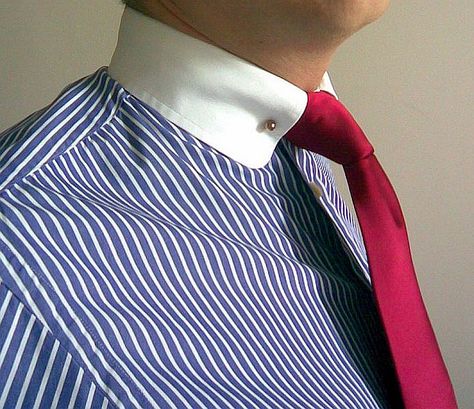 Pinstripe shirt with contrast white rounded collar, collar pin and burgundy red neck tie | by Peter MrShirted Contrast Collar Shirt, Pin Collar Shirt, Pin Dress, Pinstripe Shirt, Bespoke Shirts, Red Neck, Collar Shirt Men, Collar Pin, Fruit Loops