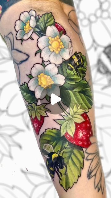 Studio Thirteen Tattoo on Instagram: "Gorgeous neo traditional bees and strawberries gap filler by @babyleif2.0  Leif is in his neotraddy daddy era and would love to do more pieces like this. Send over a DM to discuss your idea! 
.
.
.
.

#floridatattooers #floridatattooartists #brevard #spacecoast #cocoavillage #tattooartist #colortattoo #neotraditionaltattoo #traddydaddy #beetattoo #strawberrytattoo #naturetattoo #plantlover" Thirteen Tattoo, Strawberry Tattoo, Bee Tattoo, Neo Traditional, Nature Tattoos, Color Tattoo, Tattoo On, Plant Lover, Do More