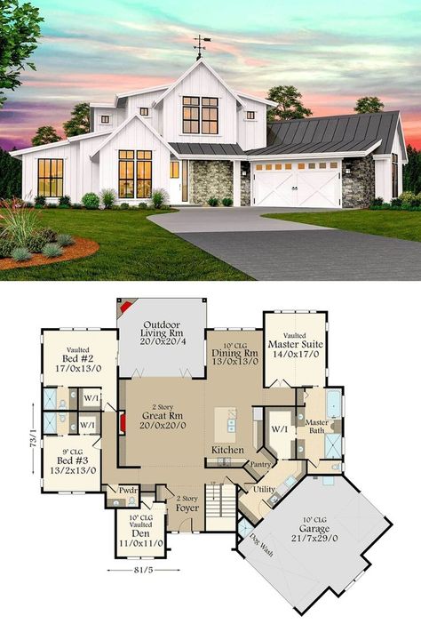 5 Bedroom House Floor Plan, Room Floor Plan, 2 Story Foyer, Modern Farmhouse Living, Flex Room, Contemporary Farmhouse, Outdoor Living Room, Modern Farmhouse Plans, Cozy Fireplace