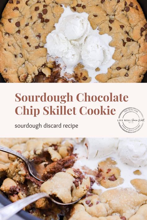 Crisp on the outside, chewy & gooey on the inside! Enjoy this giant Sourdough Chocolate Chip Skillet Cookie warm with your favorite scoop of ice cream for the perfect dessert and comfort food, all baked to perfection in a trusty cast iron skillet! This skillet cookie recipe will feed a crowd and be a crowd-pleaser. Cast Iron Cookie, Chocolate Chip Skillet Cookie, Skillet Cookie Recipe, Scoop Of Ice Cream, Skillet Chocolate Chip Cookie, Skillet Cookie, Cookie Dough Recipes, Feed A Crowd, Wellness Recipes