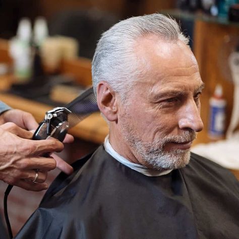 Senior Man At Barbers Getting Pompadour Hairstyle Haircuts For Men With Gray Hair, Kevin Costner Haircut, Senior Mens Hairstyles Older Men, Old Mens Hairstyles, Senior Mens Hairstyles, Short Hairstyles For Older Men, Receding Hairline Styles Men, 80 Hairstyles, Hairstyles For Balding Men