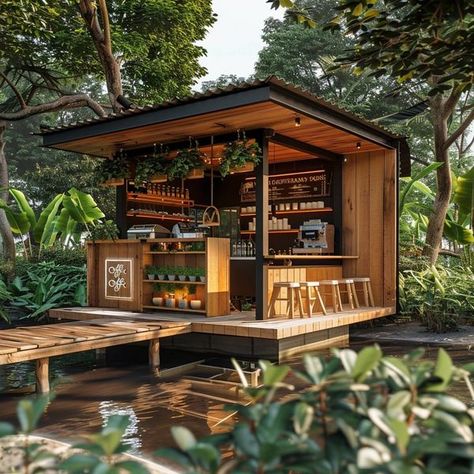 Tiny House Comfort Casita Layout, Tiny House Coffee Shop, Outdoor Cafe Kiosk Design, Tiny Cafe Design, Greek Tiny House, Small Kiosk Design Outdoor, Container Van Bar Design, Cafe In Container, Wooden Coffee Bar