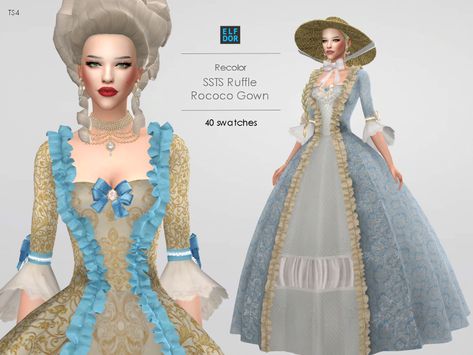 SSTS Ruffle Rococo Gown RC - ELFDOR Sims 4 Cc Victorian Clothing, Sims 4 Rococo Cc, Sims 4 Victorian Cc, Rococo Gown, Royalty Clothes, Rococo Dress, Simulator Games, Sims Medieval, Sims 4 Tsr