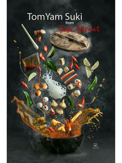 Digital Imaging Ideas with Photoshop making flying food photography "Tom Yam Suki" Tomyam Suki, Flying Food Photography, Food Motion, Commercial Food Photography, Wok Recipes, Digital Imaging, Food Concept, Illustration Graphic, Food Images