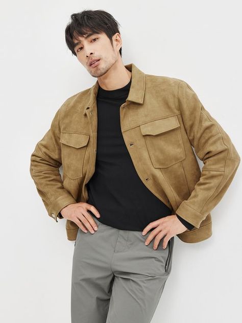 The material is very different from the one seen in the image. Brown Jacket Men Outfit, Brown Jacket Outfit Men, Brown Jacket Outfit, Suede Jacket Outfit, Mens Fashion Fall Casual, Blue Suede Jacket, Brown Jacket Men, Suede Jacket Men, Mens Business Casual Outfits