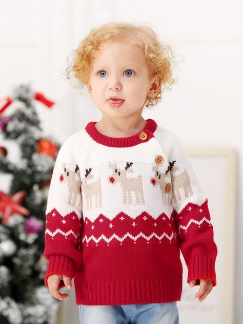 Toddler Boys Christmas Elk Print Knitwear -SheIn(Sheinside) Childrens Christmas Outfits, Baby Christmas Sweater, Reindeer Outfit, Toddler Boy Sweater, Reindeer Christmas Sweater, Red Christmas Sweater, Toddler Coat, Pull Bebe, Deer Pattern