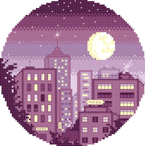 Purple City Scape Cross Stitch PDF Pattern - Pili Pala Crafts's Ko-fi Shop Pixel Tattoo, Purple City, City Scape, Pixel Pattern, French Knots, Perler Beads Designs, Fuse Beads, Alpha Patterns, Cross Stitch Art