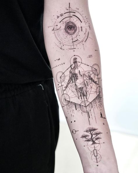 Looking for a tattoo that's both visually striking and spiritually meaningful? Explore our selection of sacred geometry tattoos and find the perfect design to express your inner self. Solar Punk Tattoo, Scrapbook Tattoo, Explorer Tattoo, Archaeology Tattoo, Concept Tattoo Design, Tatouage Fibonacci, Line Tattoo Design, Concept Tattoo, Tato Geometris