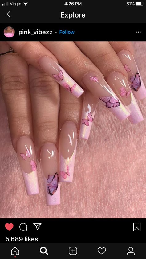 Long coffin pink French tip with purple and pink butterflies Butterfly Nails, Drip Nails, Cute Acrylic Nail Designs, Pink French, Long Acrylic Nails Coffin, Acrylic Nails Coffin Pink, Long Square Acrylic Nails, Nails French, Bling Acrylic Nails