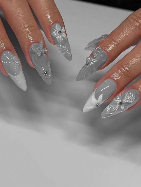 Grey Nails Almond Shape, Gray Almond Shaped Nails, Blue Grey Almond Nails, Nails Grey And White, 3d Silver Nails, Silver Coquette Nails, Sharp Silver Nails, White Snow Nails, Grey Almond Nails