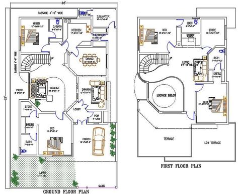 The space planning in plot size 46'X78' house ground floor and first floor has been designed as spacious furniture layout drawing which consist 4 bedroom with an attached toilet, kitchen, double height living lounge, drawing room, store room, low terrace, inside staircase, and 13' font side lawn with 18X16 FT car parking porch space. download luxurious architecture house plan with furniture layout drawing DWG file. Floor Plan With Furniture, 40x60 House Plans, 10 Marla House Plan, Stair Design Architecture, Square House Plans, Double Height Living Room, Square House, First Floor Plan, Living Room Plan