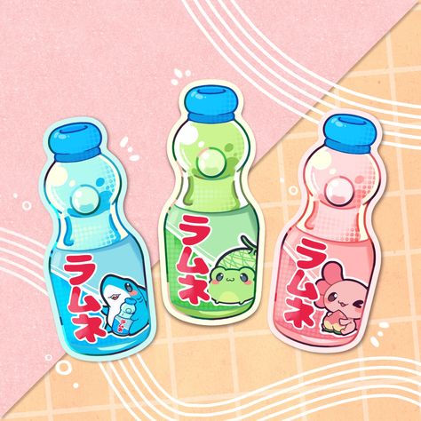 Indulge in the cuteness of axolotls, sharks, and frogs and the charm  with this delightful ramune soda drink sticker. This kawaii design will add a whimsical touch to your belongings and bring joy to your everyday life. ▷ colorful design printed on durable waterproof vinyl and laminated with a vinyl overlay to help withstand everyday wear and tear. ★ n o t e s ★ All of my Stickers 100% handmade - everything, from illustration to printing. Please note that color on images may vary from monitor to monitor due to photographing, lighting and screen settings.  Minor errors may be possible as these stickers are handmade. ★ s h i p p i n g ★ Sticker are shipped via USPS 1st Class mail in regular envelopes to maintain low shipping costs - tracking is not available for 1st Class shipping. Upgrade y Ramune Illustration, Ramune Drawing, Ramune Sticker, Cute Chibi Animals, Ramune Soda, Fruit Soda, Chibi Animals, Melon Fruit, Japanese Drinks