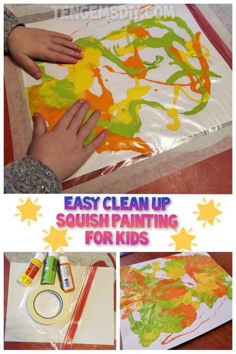 This no mess squish painting for kids tutorial keeps the havoc to a minimum, even with multiple little artists participating! #nomesspaintingtoddlers #nomesscraftsforkids #nomesstoddleractivities #nomesssensoryplay #eaycleanupcraftsforkids #toddlerpaintingideas #toddlerpaintingcrafts #kidspaintingcrafts #easycleanupkidscrafts #easykidscrafts #toddlercrafts #toddlerartprojects #toddlerpaintparty #toddlersquishpainting #easytoddleractivities #kidsartideas #athomeartprojectsforkids #kidsart Kids Painting Crafts, Toddler Painting, Easy Toddler Activities, Toddler Art Projects, Preschool Activities Toddler, Kid Experiments, Daycare Crafts, Crafty Kids, Toddler Art