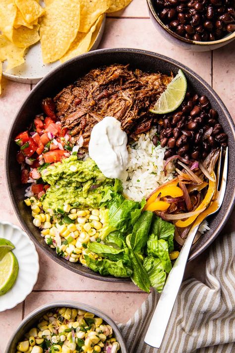 Chipotle Beef Burrito Bowls are a better copycat of your favorite chipotle bowl! Tender shredded beef over rice with all the best toppings. Chipotle Shredded Beef Crock Pot, Shredded Beef Burrito Bowl, Shredded Beef Bowls Healthy, Pulled Beef Burritos, Chipotle Beef Bowl Recipe, Burrito Bowl Beef, Chipotle Beef Burrito, Brisket Bowl, Copycat Chipotle Bowl