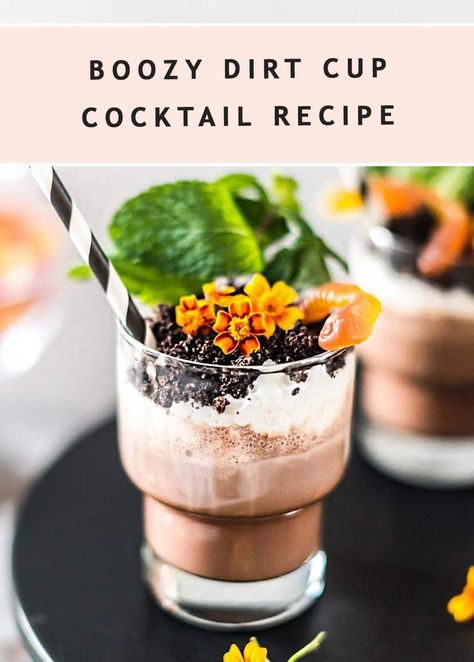 You can't go wrong with a yummy Dirt Cup Cocktail! This Boozy version of the classic dessert is so much fun for an adult party, and makes a spooky cocktail for Halloween! Also included is a more traditional version of the recipe you can offer kids and guests looking for a non-alcoholic dirt cup. #recipes #Halloween #cocktail #milkshake #Halloweenparty #partyideas Boozy Dirt Cups, Dirt Cup Recipe, Halloween Dirt Cups, Dirt Dessert Recipe, Dirt Pudding Recipes, Dirt Cups Recipe, Text Header, Halloween Dirt, Desserts Pudding