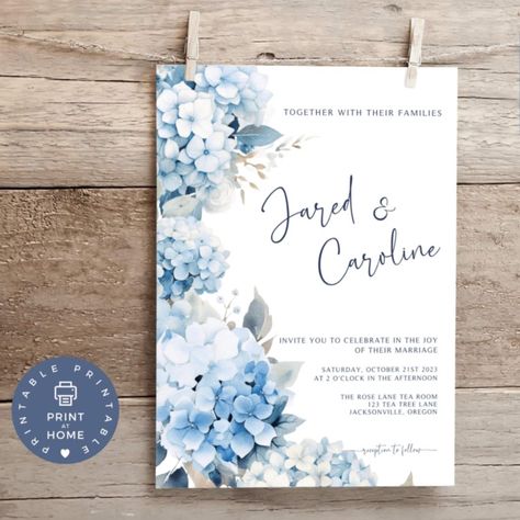 Beautiful Light Blue Hydrangeas grace this photo wedding invitation.  The Invite is double sided and comes with the back photo option with OR without a QR code. Simply remove it if not wanted, or change the photo collage in canva to suite your needs. Set your wedding theme with this simply stated Hydrangea Wedding Invitation  - Invitation Card with Photo: 5x7in (Can be removed if desired) -PRINTING TEMPLATES  5x7  -Printing Guide  DIGITAL DOWNLOAD - Please note you will receive a PDF File with l Hydrangea Invitation Template, Save The Date Hydrangea, Blue Hydrangea Wedding Invitations, Hydrangea Wedding Invite, Hydrangea Wedding Theme, Hydrangea Invitation, Light Blue Hydrangea, Invite With Photo, Printing Templates