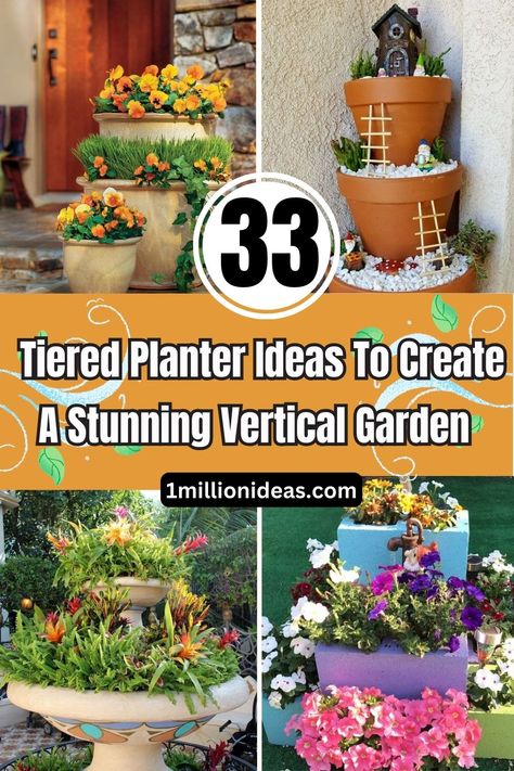 33 Tiered Planter Ideas To Create A Stunning Vertical Garden Tiered Pots Garden Ideas, Stacking Pots Planter, Stacked Planter Ideas, Diy Stackable Planters, Stacking Planter Ideas, 3 Tier Planter Ideas, Tiered Planter Ideas, Tiered Garden Ideas, Flower Pot Tower