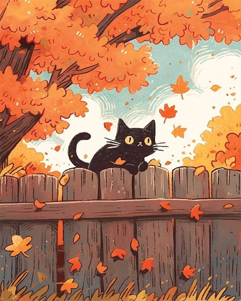 Cute October Drawings, Fall Black Cat Wallpaper, Studio Ghibli Autumn Aesthetic, Autumn Background Drawing, Black Cat Wallpaper Halloween, Autumn Cat Drawing, Illustration Art Autumn, Studio Ghibli Fall Aesthetic, Autumn Cat Illustration