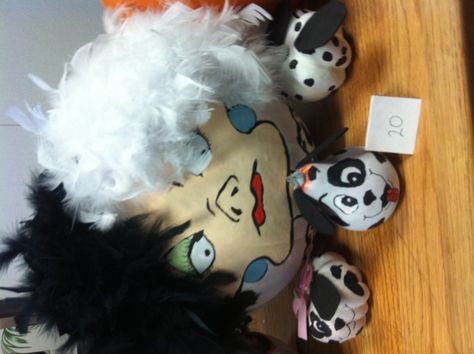 Cruella Deville Painted Pumpkin Cruella Deville Pumpkin Painting, 101 Dalmations Pumpkin Decorating, Cruella Deville Pumpkin, Pumpkin Painting Competition Ideas, Cruella Pumpkin, Disney Pumpkin Carving Patterns, Book Pumpkins, Disney Pumpkin Painting, Book Character Pumpkins