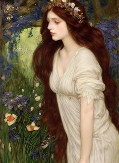 Pre Raphaelite Art Red Hair, Long Hair Painting Art, Pre Raphaelite Hair, Preraphaelites Hair, Reinassance Dress, Pre Raphaelite Fashion, Preraphaelites Paintings, Long Fairy Hair, Fantasy Red Hair