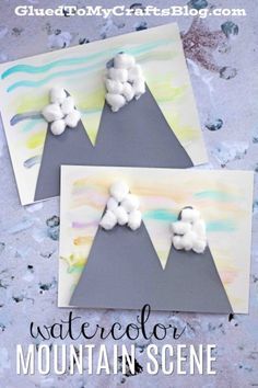 Watercolor Snowy Mountain Scene - Kid Craft Idea w/free printable template Mountain Crafts For Kids, Mountain Crafts, January Art, Kindergarten Art Projects, Winter Art Projects, Snowy Mountain, Kid Craft, Winter Crafts For Kids, Kindergarten Crafts