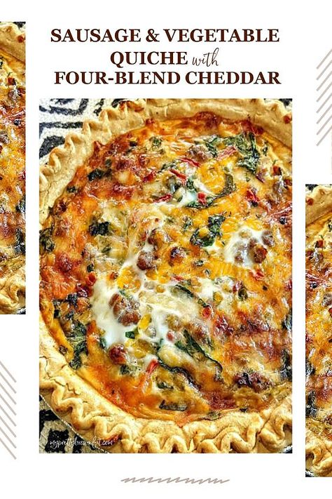 Sausage and Vegetable Quiche with Four-Blend Cheddar - My Pretty Brown Eats Quiche Breakfast, Cheesy Potato Bake, Sausage Quiche, Veggie Quiche, Vegetable Quiche, Workout Eating, Vegan Cheddar, Breakfast Quiche, Sausage And Peppers