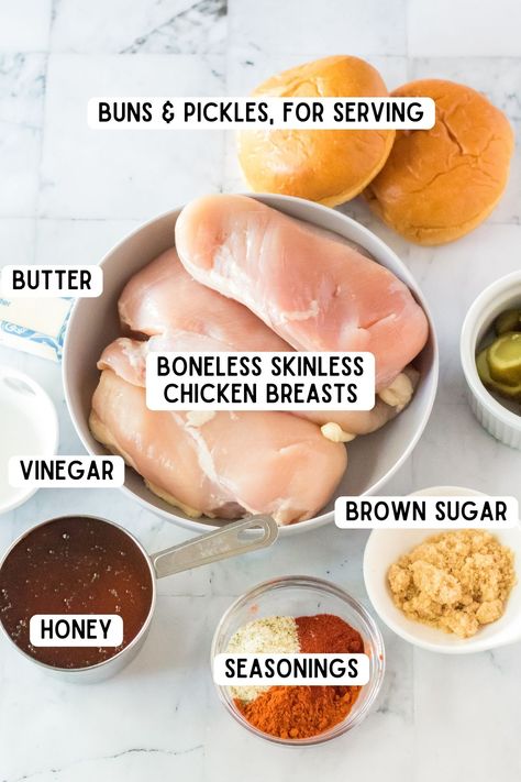 Crockpot Hot Honey Chicken Sandwiches, Hot Honey Shredded Chicken, Crockpot Hot Honey Chicken, Hot Honey Chicken Crock Pot, Spicy Honey Sauce, Honey Chicken Crockpot, Honey Chicken Breast, Coleslaw Sandwich, Hot Honey Chicken