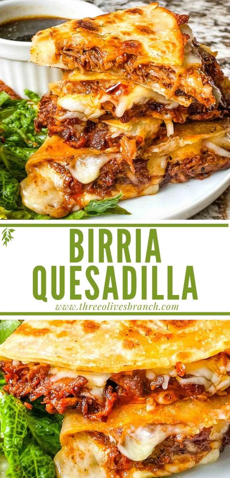 Birria Quesadilla is an amazing Mexican recipe of shredded beef seasoned with smoked dried peppers and cheese in a tortilla. A spicy and delicious chuck roast recipe for an appetizer, game day, or main course. Quesadilla Recipes On Blackstone, Mexican Dish Recipes Dinners, Queso Meal Ideas, Chuck Roast Quesadilla, Shredded Beef Mexican Recipes, Mexican Food Dinner Recipes, Pulled Beef Quesadillas, Shredded Beef Meal Ideas, Chuck Roast Recipe Ideas