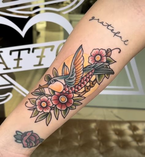 Neotraditional Hummingbird Tattoo, American Traditional Hummingbird Tattoo, Hummingbird Flower Tattoos, Florida Tattoos, Tattoo Fixes, Grandma Tattoos, Tattoo Apprenticeship, Traditional Style Tattoo, Female Tattoo Artists