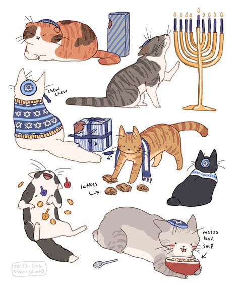 happy hanukkah!!!! Hamotzi Cat, Hanukkah Cats, Sammy Savos, Anime Pattern, Posca Art, Art Manga, Jewish Art, Wow Art, Happy Hanukkah