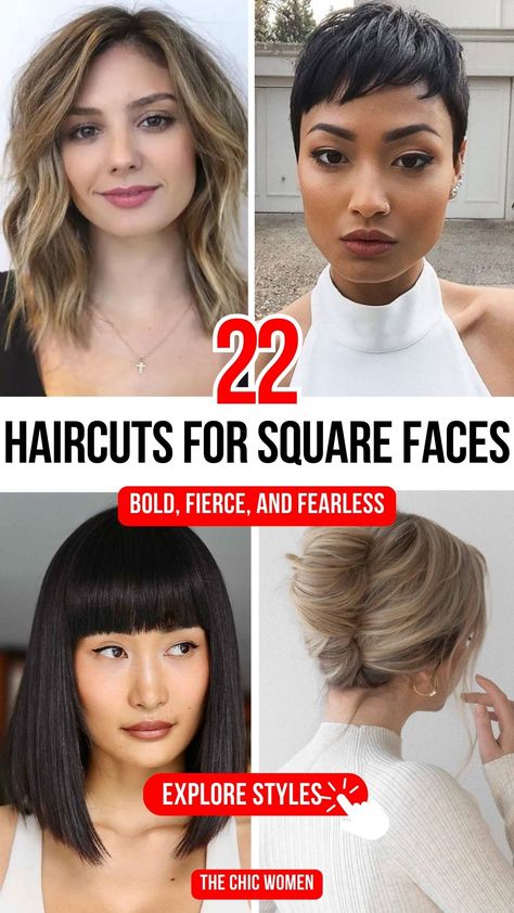 Top 22 Flattering Haircuts for Women with Square Faces Long Bob Haircuts For Square Faces, Square Face Fine Hair Best Hairstyles, Short Hair With Square Face, Hairstyles For Square Faces Medium, Layered Haircut For Square Face, Hairstyles Square Face Shape, Bob With Bangs Square Face, Curtain Bangs Square Face Shape, Bob For Square Face Shape