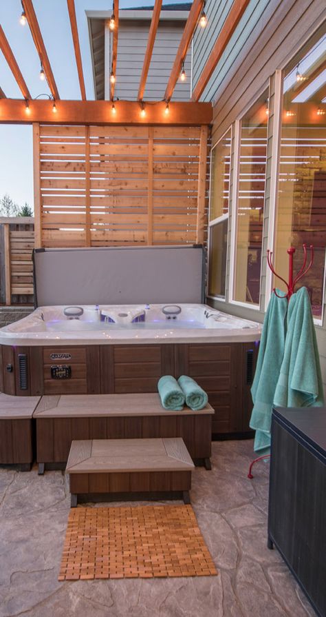 Spa, privacy screen, pergola w/lights - ohh, ahh: https://www.paradiserestored.com/portfolio_item/finch-property/ Spa Privacy Screen, Hot Tub With Privacy Screen, Hot Tub With Privacy Wall, Hot Tub Privacy Wall, Chalet Vibes, Hot Tub Privacy Ideas, Narrow Backyard, Screen Pergola, Swim Spa Landscaping