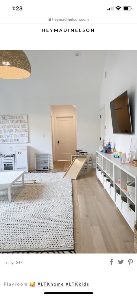 Den And Playroom Combo, Bonus Room Playroom, Madi Nelson, Garage Playroom, Playroom Flooring, Light Hardwood, Toddler Playroom, Basement Family Room, Kids Flooring