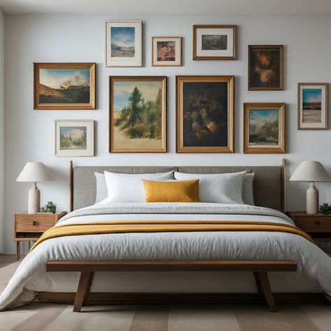 Looking for affordable ways to elevate your bedroom? Check out our list of 28 stunning above-bed decor ideas that won't break the bank. #bedroomdecor
#bedroomdesign
#homedecor
#interiordecor
#interiorstyling
#bedroominspo
#bedroomideas Photo Wall Above Bed, Gallery Wall Over Bed, Above Bed Decor Ideas, Above Headboard Decor, Frames Above Bed, Above Bed Ideas, Art Over Bed, Above Bed Wall Decor, Brown Bedroom Decor