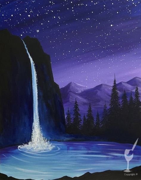 Painting With A Twist Ideas Step By Step, Acrylic Landscape Paintings Easy, Painting With A Twist Ideas, Sharpie Art Projects, Twist Ideas, Acrylic Techniques, Waterfall Painting, Oil Painting Lessons, Epic Drawings