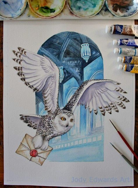 Owl Post Harry Potter, Harry Potter Watercolor, Harry Potter Sketch, Stile Harry Potter, Harry Potter Art Drawings, Harry Potter Painting, Harry Potter Owl, Owl Post, Harry Potter Hedwig