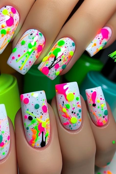 Funky Bright Nails, 1980s Nail Trends, Fun Nail Ideas Acrylic, 80s Nails Designs Neon, Funky Nail Designs Fun, 80s Inspired Nails, 80’s Nails, 80s Nail Art, 80s Nail Designs