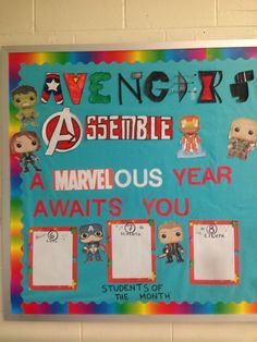 Avengers bulletin board for middle school band! Marvel Bulletin Board Ideas, Avengers Bulletin Board, Avengers Classroom Theme, Marvel Bulletin Board, Marvel Classroom Theme, Marvel Classroom, Disney Bulletin Boards, Superhero Bulletin Boards, Superhero Class