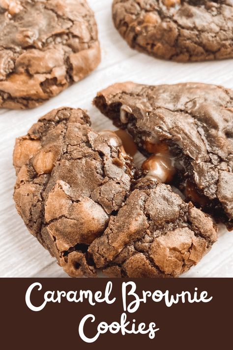 Chocolate Caramel Brownie Cookies - Simply Scrumptious Yummy Brownies, Caramel Brownies Recipe, Chocolate Caramel Brownies, Brownie Mix Cookies, Lemon Crinkle Cookies, Caramel Bits, Fudge Cookies, Caramel Fudge, Brownie Toppings