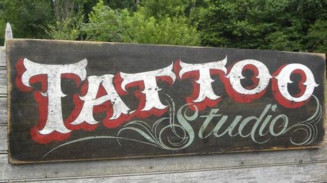 One Of A Kind Tattoo, Tattoo Sign, Tattoo Shop Interior, Freehand Lettering, Tattoo Shop Decor, Tattoo Studio Interior, Kind Tattoo, Sign Painting Lettering, Vintage Art Wall