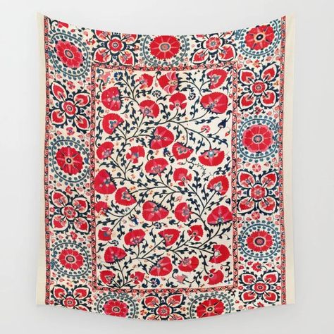 Shakhrisyabz Suzani Uzbekistan Embroidery Print Wall Tapestry by Vicky Brago-MitchellÂ® | Society6 Uzbekistan Embroidery, Embroidery Print, Animal Rug, Printed Tapestries, Wall Hanging Tapestry, Wall Tapestries, Turkish Oushak Rugs, Hanging Tapestry, Synthetic Fabric