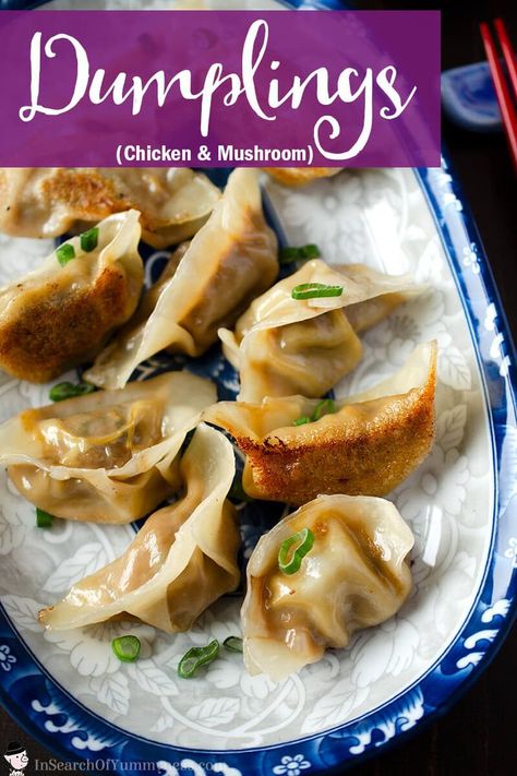 Pan fried dumplings are easier to make than you think! These crispy dumplings have a tasty chicken, mushroom and cabbage filling. These dumplings are steamed while pan-frying, so you don't have to boil them first. That's one less step, and one less pot to wash! Get the #recipe at InSearchOfYummyness.com.   #ChineseDumplings #Potstickers #PanFriedDumplings #ChineseNewYear #AsianRecipes #Chicken #Mushrooms Chicken And Mushroom Dumplings, Crispy Dumplings, Mushroom Dumplings, Asian Dumplings, Chicken Dumplings Recipe, Pan Fried Dumplings, Chicken Mushrooms, Chicken Spring Rolls, Chicken And Mushroom