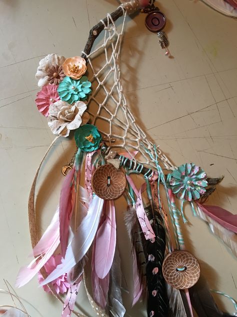 Work-in-progress half moon dream catcher for baby girl's nursery. Half Moon Dream Catcher, Moon Dream Catcher, Dream Catchers, Boho Baby, Sun Catcher, Nanny, Girl Nursery, Half Moon