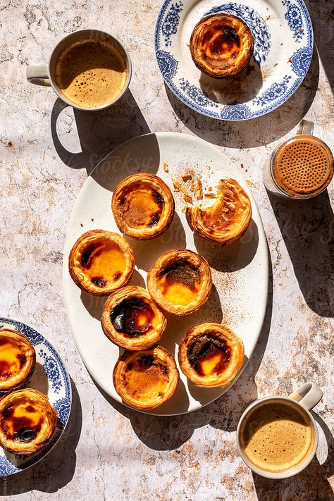 Portuguese Custard Tarts by Violeta Pasat Spring Food Photography, Portugese Custard Tarts, Portuguese Custard Tarts, Portuguese Tarts, Portuguese Egg Tart, Breakfast Tart, Custard Tarts, Portuguese Desserts, Family Baking