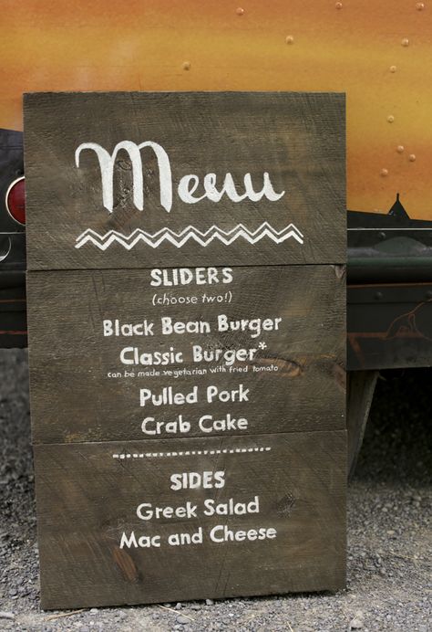 Crab Cake Sides, Wooden Menu Board, Food Truck Party, Food Truck Wedding, Food Truck Menu, Food For Special Event, Food Cart Design, Truck Signs, Menu Boards