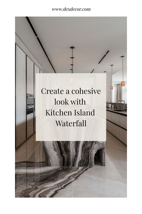 Create a cohesive look with Kitchen Island Waterfall in a modern, minimalist kitchen. Kitchen Island Waterfall Edge Wood, Black Marble Waterfall Island Kitchen, Kitchen Flooring Trends, Kitchen Tile Inspiration, Industrial Chic Kitchen, Compact Kitchen Design, Rustic Industrial Kitchen, Ensuite Bathroom Designs, Modern Bedroom Colors