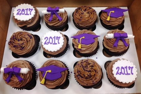 Creative Memories The Sweet Spot Bakery 5-27-17 Purple and Gold Graduation Cupcakes Graduation Cupcakes Black And Gold, Purple And Gold Cupcakes Graduation, Dark Purple Cupcakes, Lsu Cupcakes Purple Gold, Cupcake Graduation, Walmart Cakes, Graduation Bbq, Graduation Cake Designs, Degree Graduation