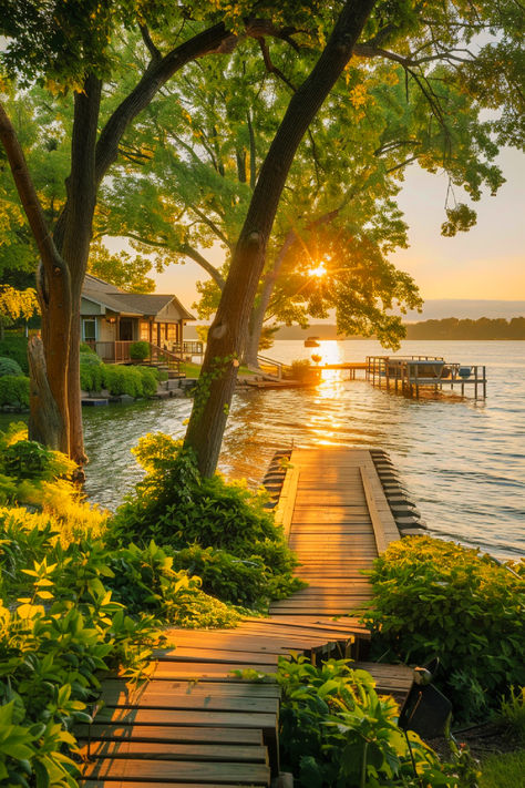 A serene lakefront scene at sunset with a peaceful dock leading to the water, surrounded by lush greenery and trees, offering a tranquil getaway at a cozy lakeside home. Oregon Coast House, Lake House Vibes, Cozy Lake House, Riverfront Home, Jones Aesthetic, Lakeside House, Lake House Rentals, Rustic Homes, Lakefront Living